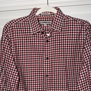 Express Men's Burgundy and White Check Button-Down Shirt